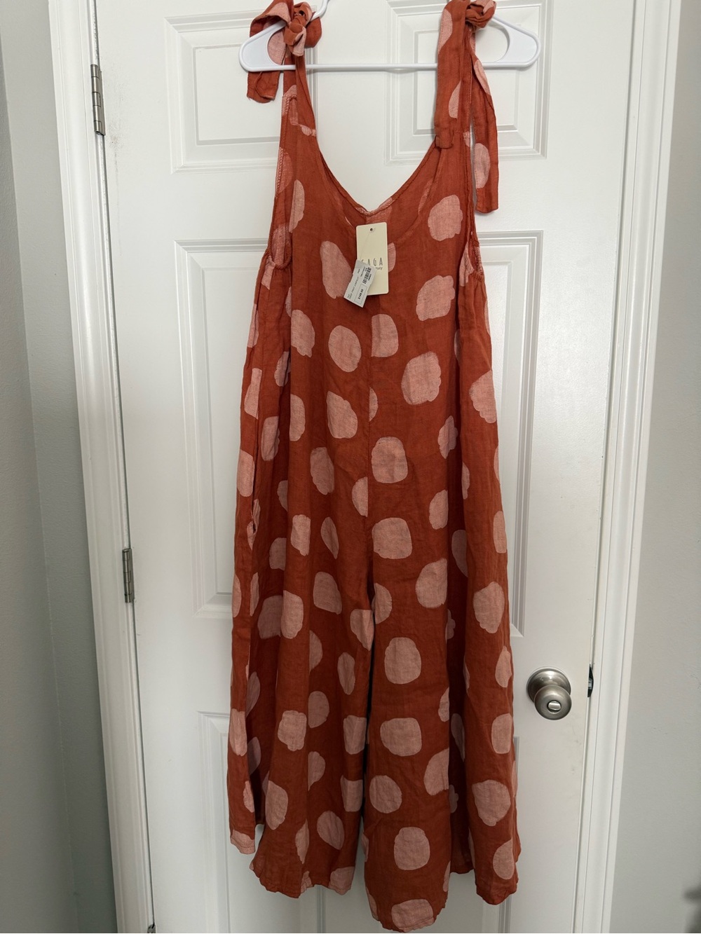 Tie-Shoulder Polka Dot Jumpsuit in Rust and cream